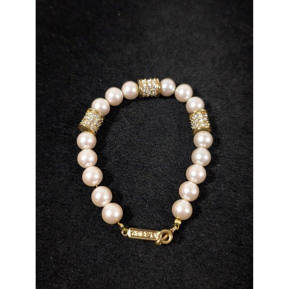Vintage Napier Faux Pearl Rhinestone Pave Bracelet Gold Tone 6.5" - Picture 5 of 6